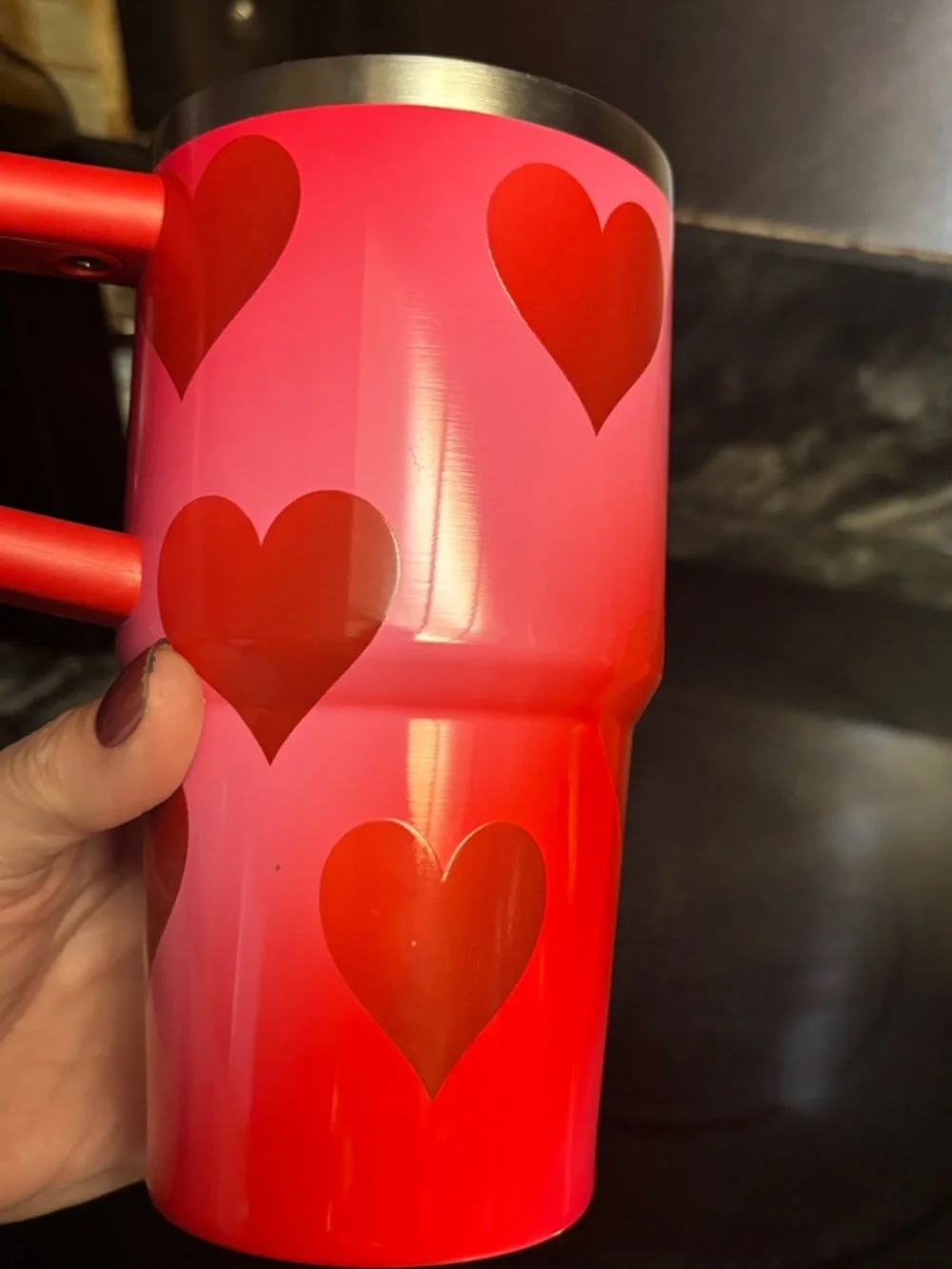 Stanley Pink Travel Mug with Red Heart Pattern - Picture 2 of 5